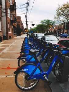 A complete row of Blue CitiBikes