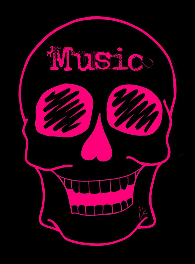 A Pink skull smiles against a black background, with the word, "Music" on the forehead.