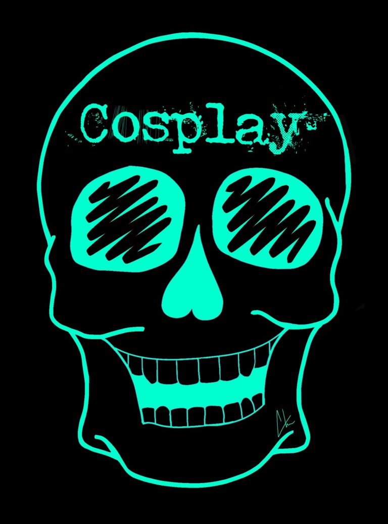 A Turquoise skull smiles against a black background, with the word, "Cosplay" on the forehead.