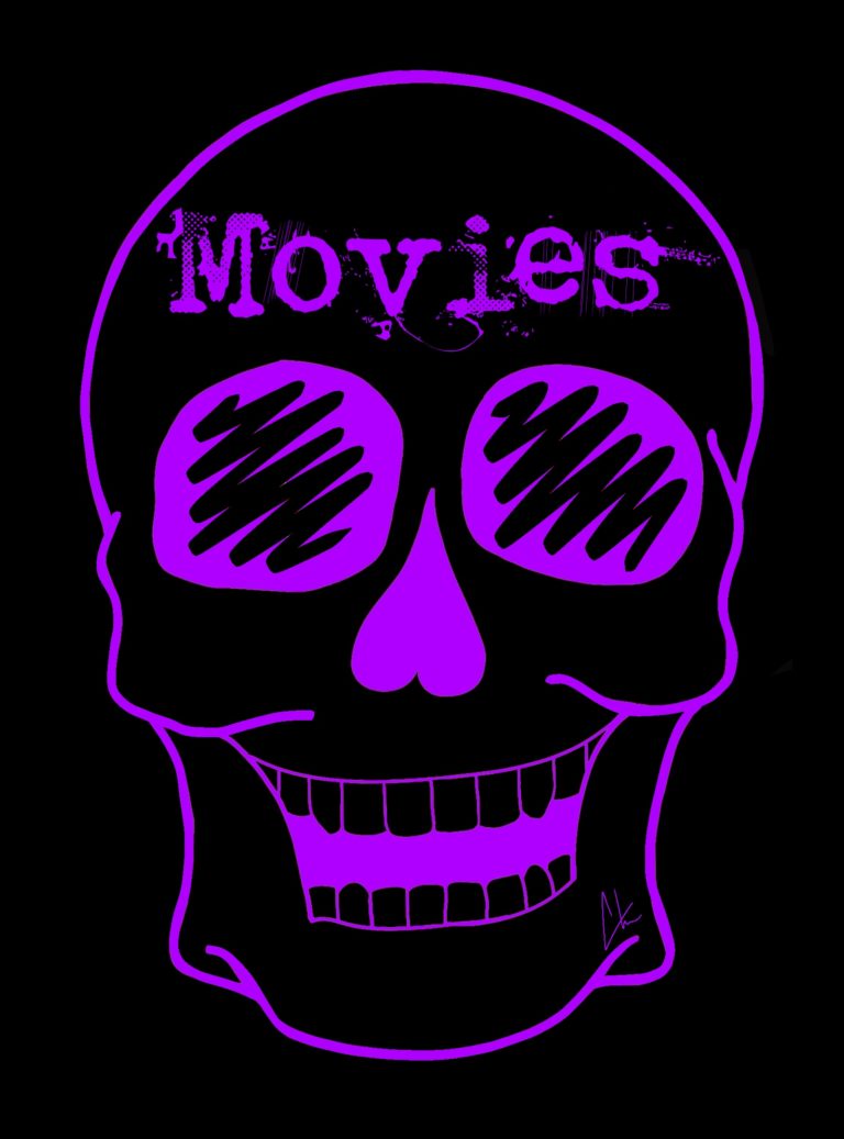 A Purple skull smiles against a black background, with the word, "Movies " on the forehead.