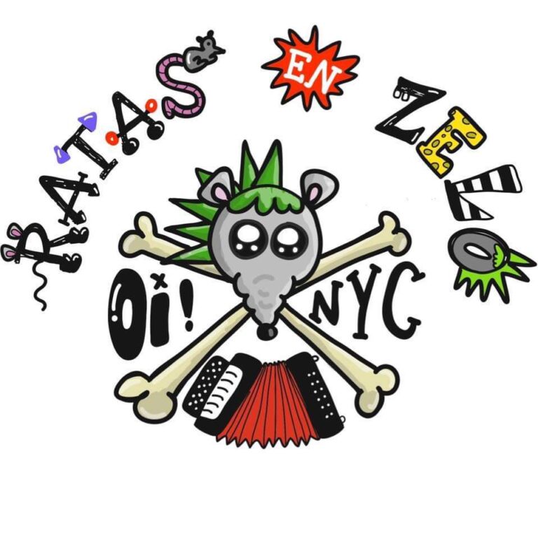 Ratas en Zelo logo, a punk rat with a green mohawk crossbones, with an accordion underneath