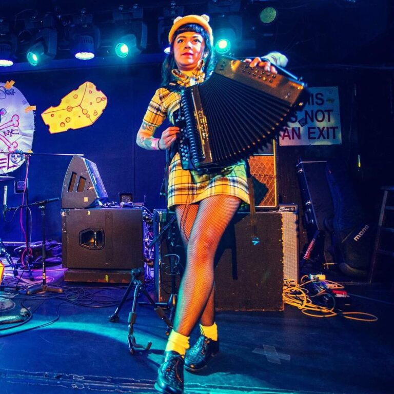 Band member plays the accordion in a yellow checkered outfit