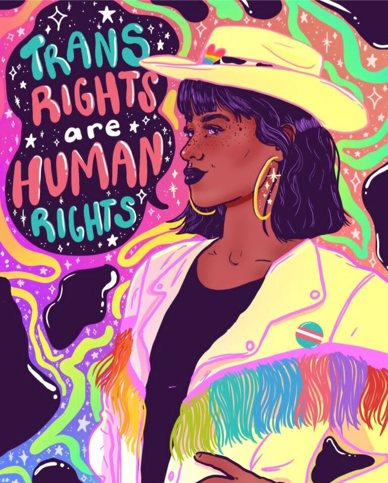 Brown skinned woman with yellow cowgirl hat and fringe jacket with colors all around her. Bolded words read "Trans Rights are Humane Rights"