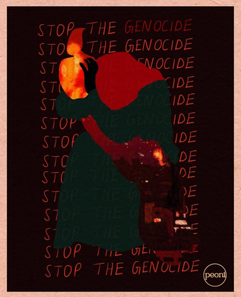 A darkened image, with a Palestinian woman in dark green and red head covering, holding onto a body bag. The body bag has fire and smoke. Words faintly read' Stop the Genocide" in the background from top to bottom several times.