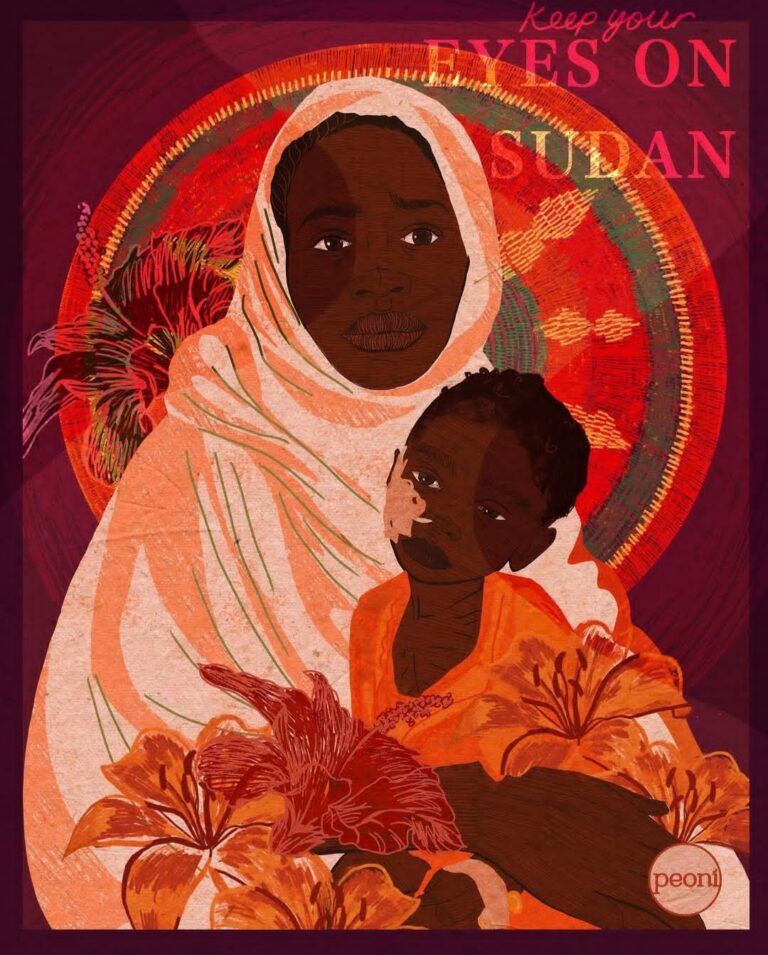 A Sudanese woman in white covering holds her child wearing orange in her arms with orange flowers. Words above them read "All Eyes on Sudan"